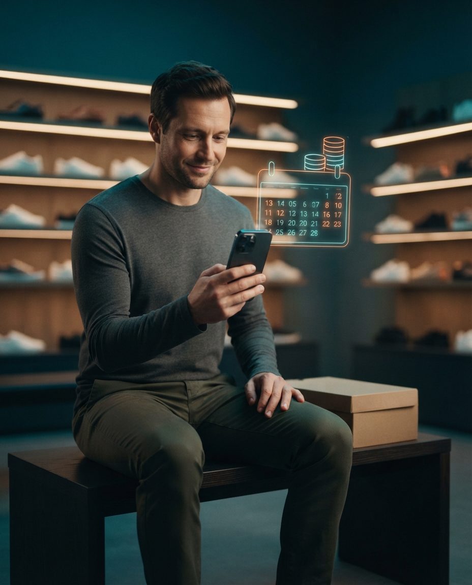 Customer seated on a shoe store bench with a shoe box and a mobile phone, with a holographic annual calendar with highlighted dates and a stack of coins floating beside them